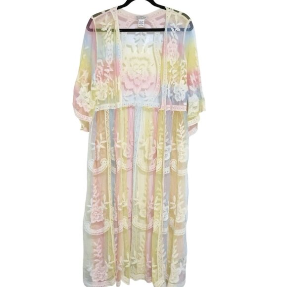 Rachel Zoe Sheer Embroidered Floral Kimono One Size Boho Chic Luxury Romantic - Picture 1 of 11